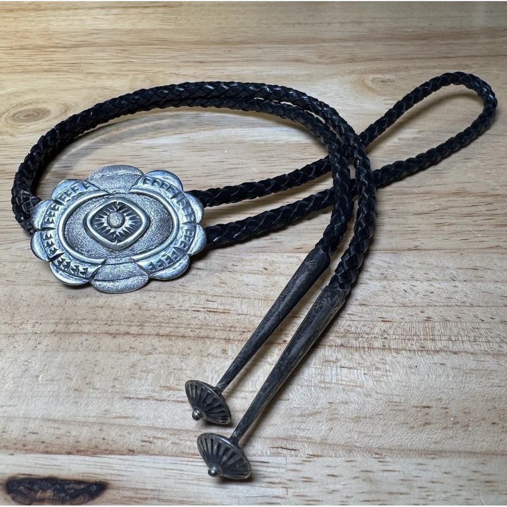 Vintage Southwestern Sun Bolo Tie JS‎ Marked Silver Concho Leather Cord Western